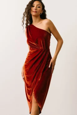 New Baltic Born Kourtney Velvet One Shoulder Midi Dress | Rust