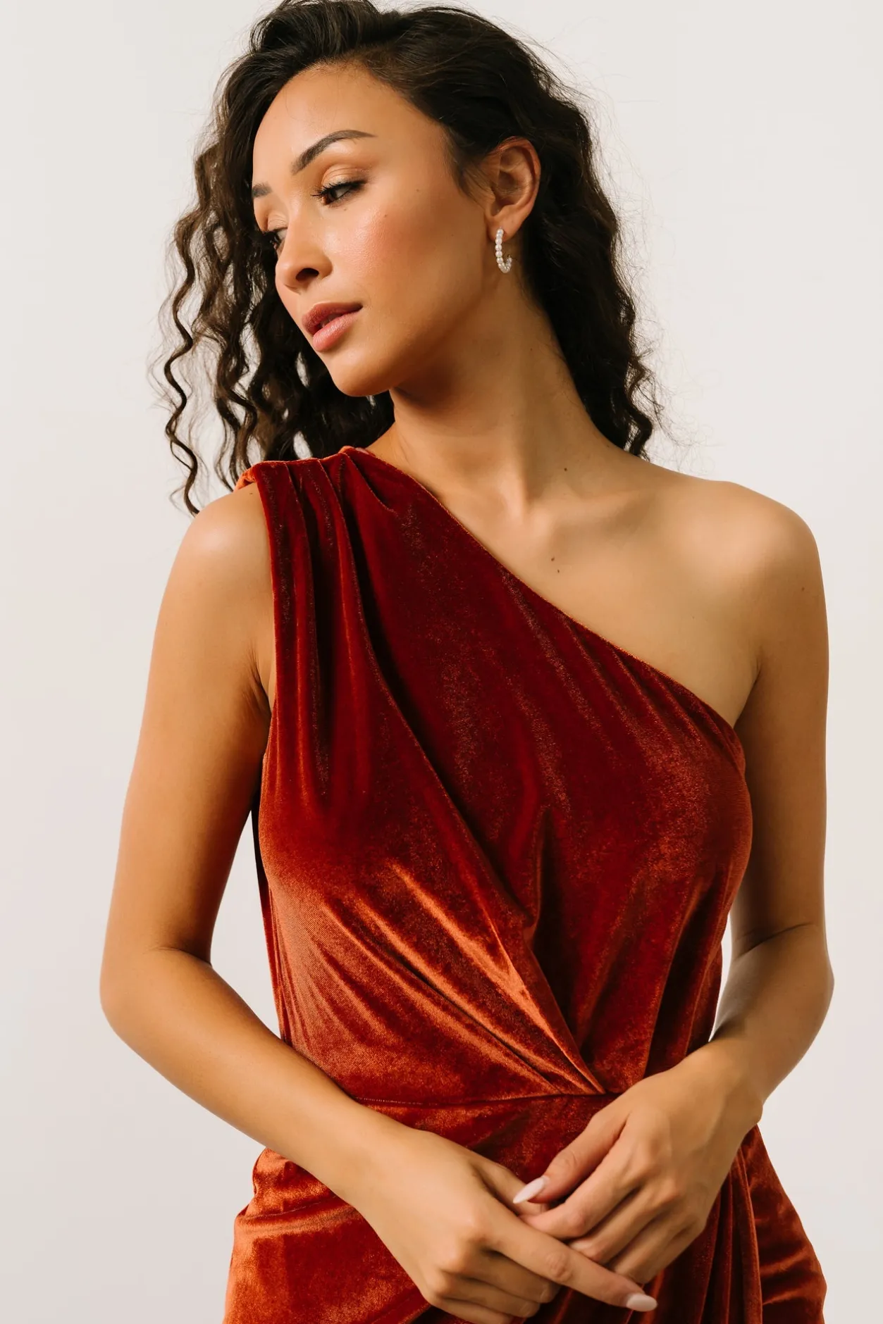New Baltic Born Kourtney Velvet One Shoulder Midi Dress | Rust