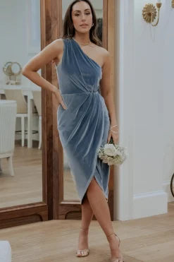 Sale Baltic Born Kourtney Velvet One Shoulder Midi Dress | Dusty Blue DustyBlue