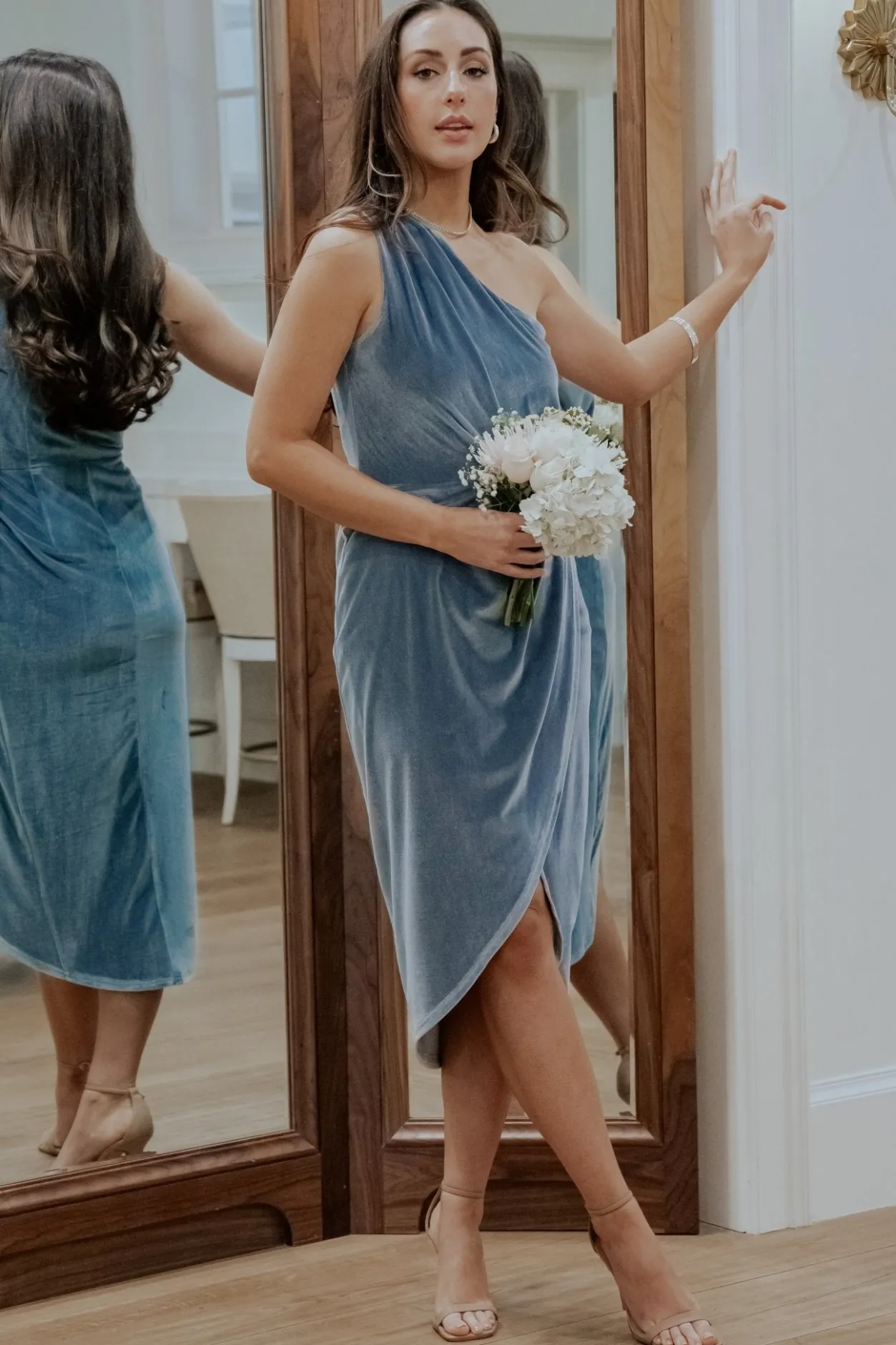 Sale Baltic Born Kourtney Velvet One Shoulder Midi Dress | Dusty Blue DustyBlue