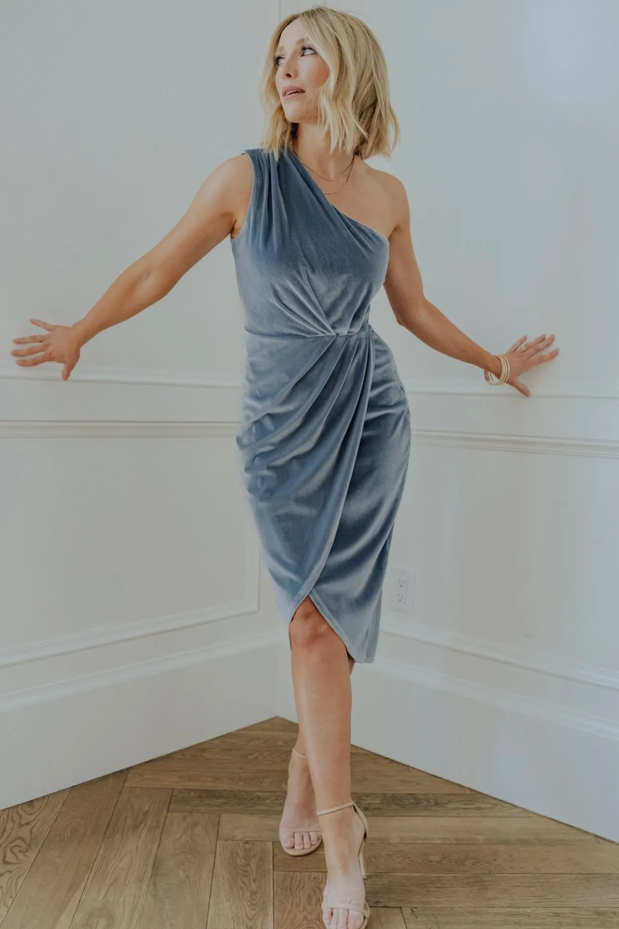 Sale Baltic Born Kourtney Velvet One Shoulder Midi Dress | Dusty Blue DustyBlue