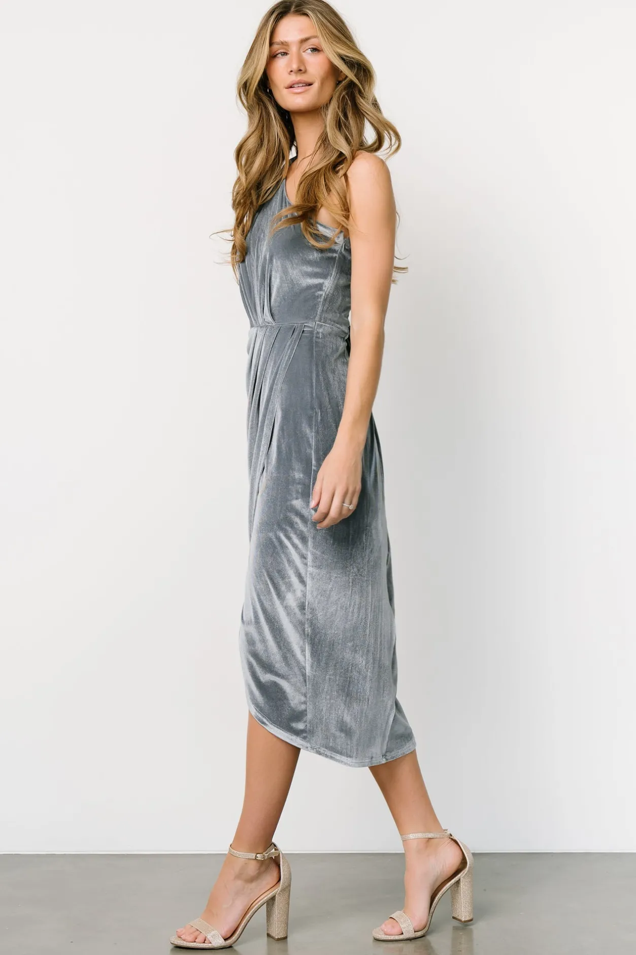 Sale Baltic Born Kourtney Velvet One Shoulder Midi Dress | Dusty Blue DustyBlue
