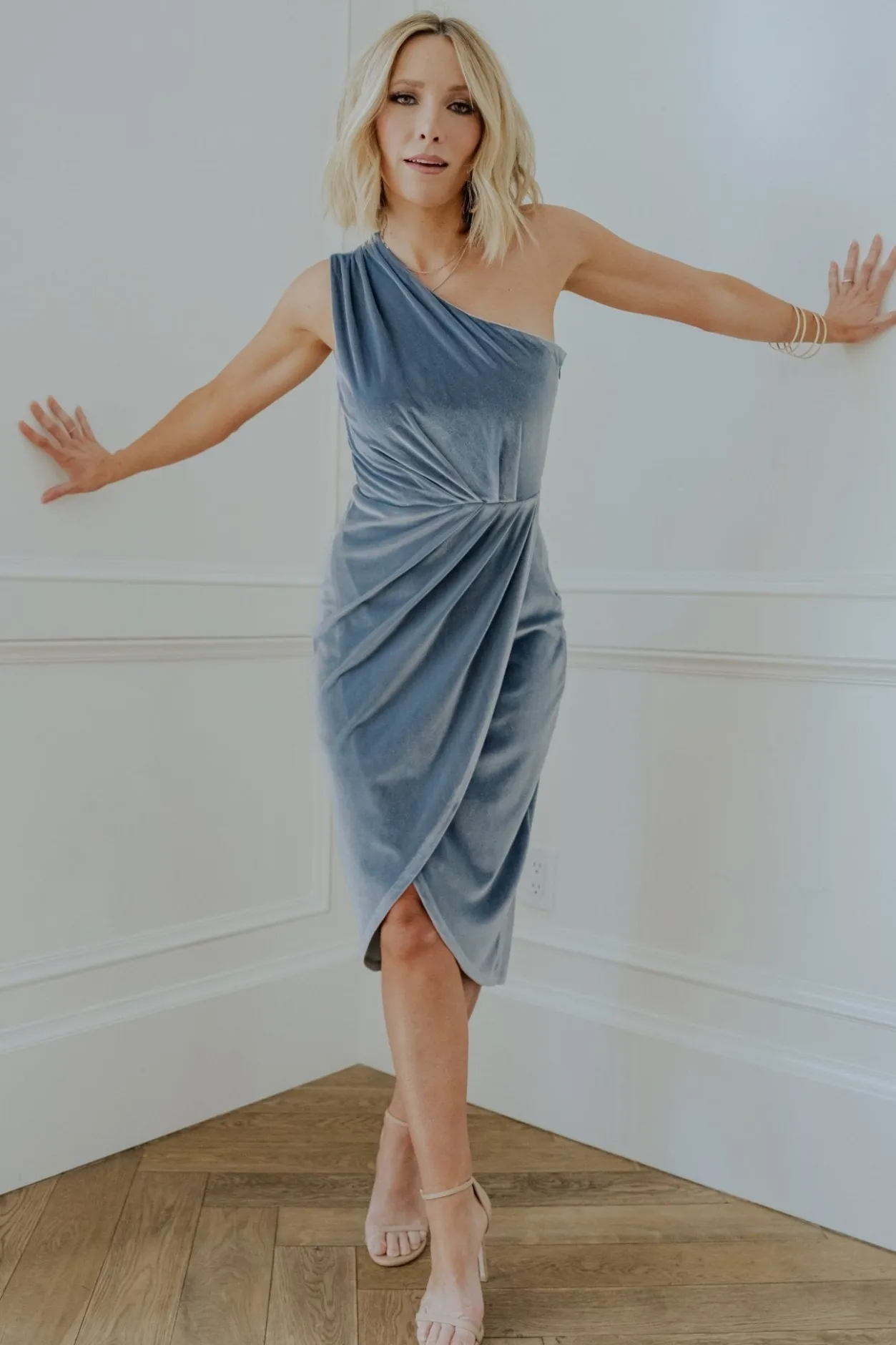 Sale Baltic Born Kourtney Velvet One Shoulder Midi Dress | Dusty Blue DustyBlue