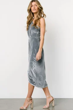 Sale Baltic Born Kourtney Velvet One Shoulder Midi Dress | Dusty Blue DustyBlue
