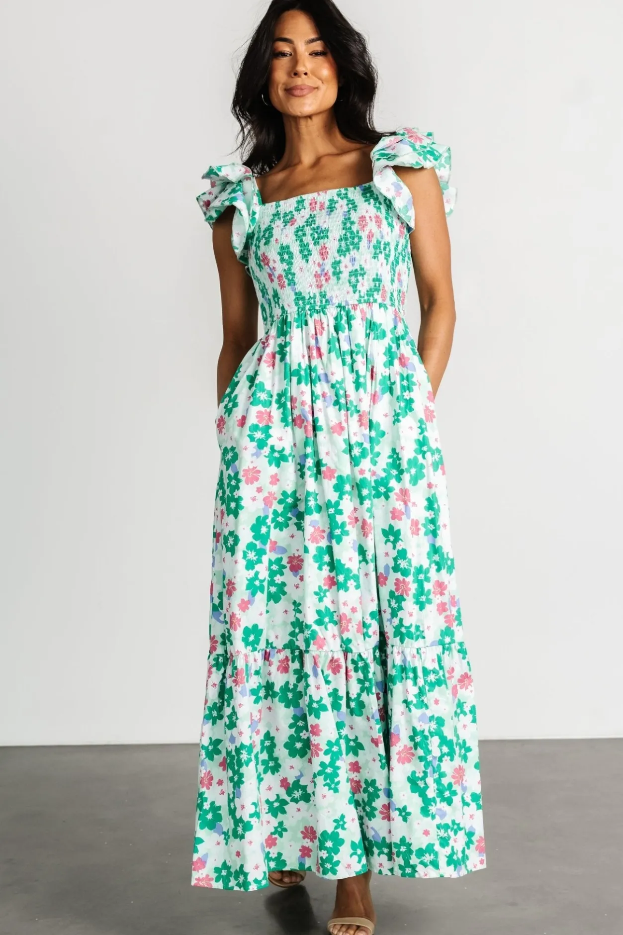 Fashion Baltic Born Laguna Smocked Maxi Dress | Green Floral GreenFloral