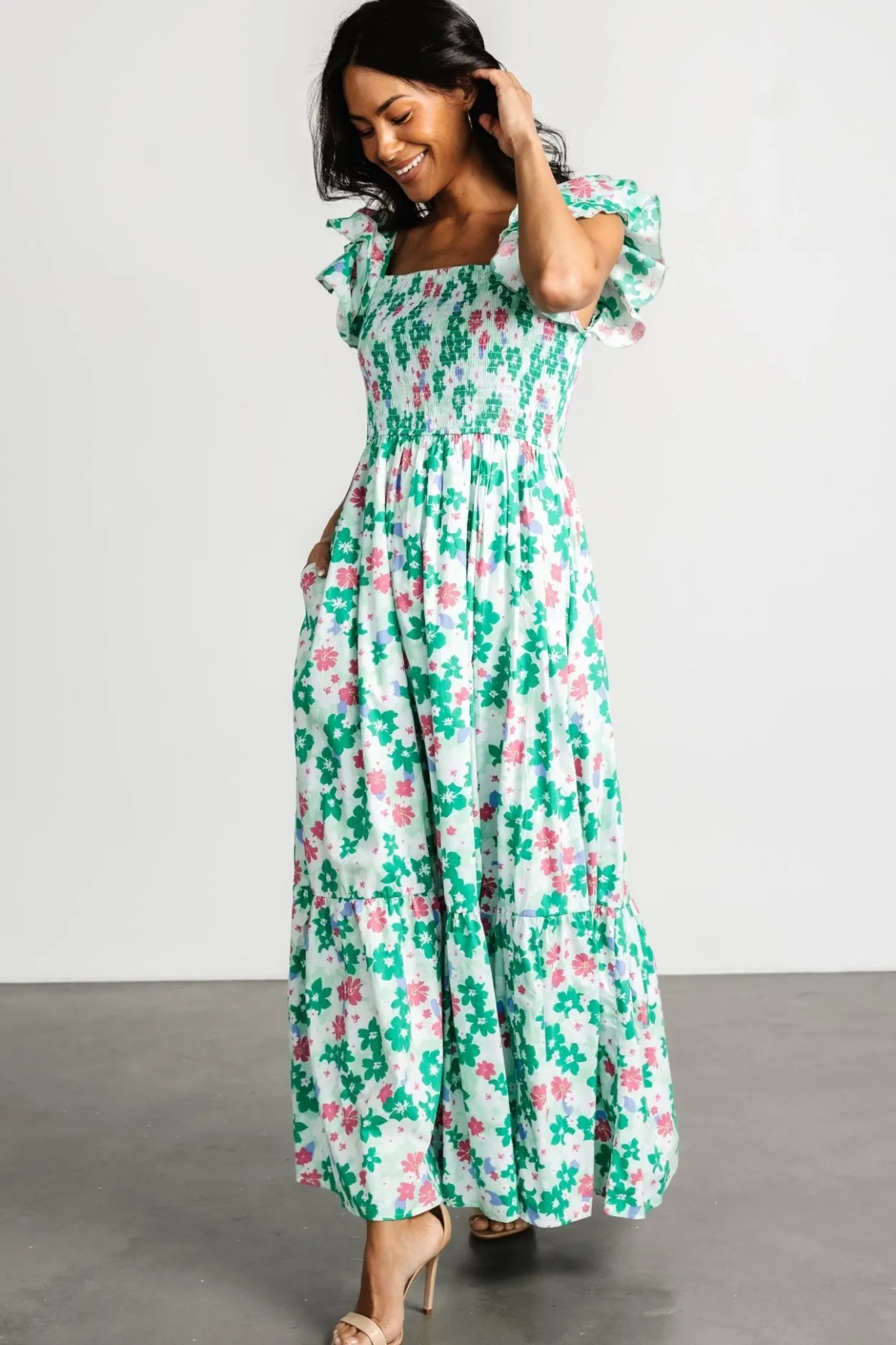 Fashion Baltic Born Laguna Smocked Maxi Dress | Green Floral GreenFloral