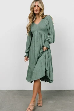 Fashion Baltic Born Lainey Smocked Dotted Midi Dress | Dark Sage DarkSage