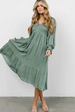 Fashion Baltic Born Lainey Smocked Dotted Midi Dress | Dark Sage DarkSage