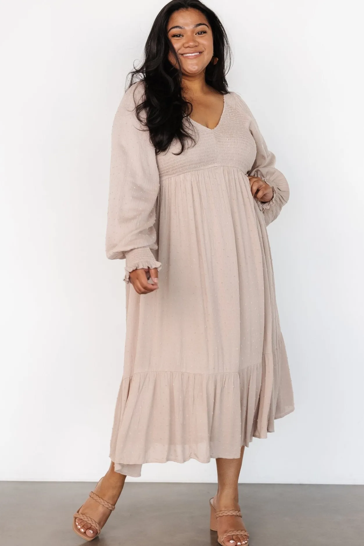 Discount Baltic Born Lainey Smocked Dotted Midi Dress | Beige