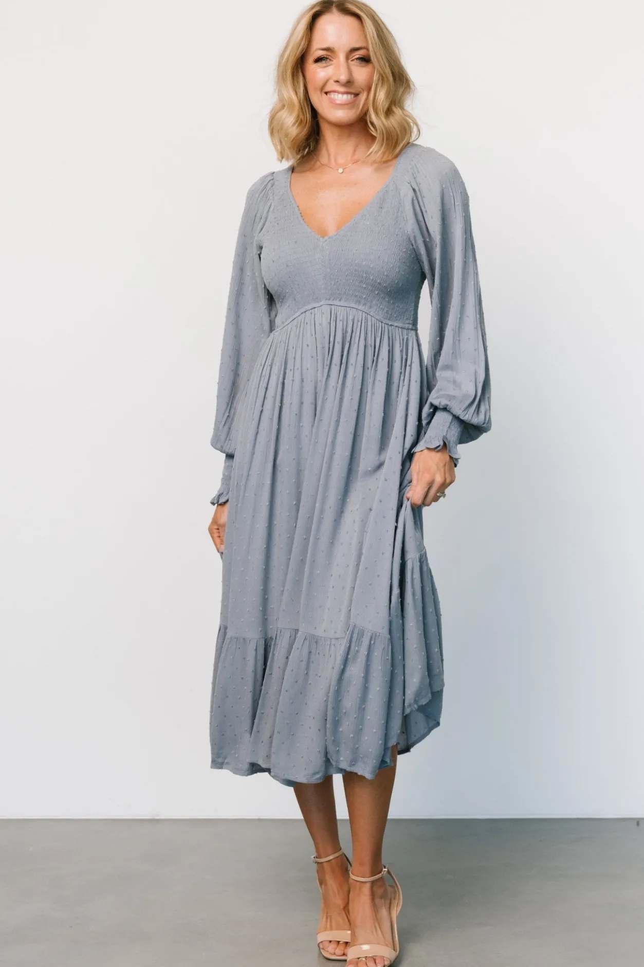 Clearance Baltic Born Lainey Smocked Dotted Midi Dress | Dusty Blue DustyBlue