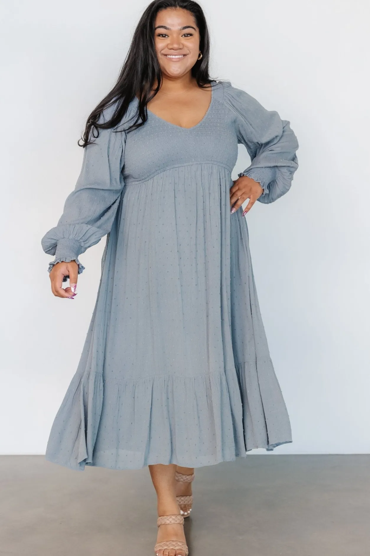 Clearance Baltic Born Lainey Smocked Dotted Midi Dress | Dusty Blue DustyBlue