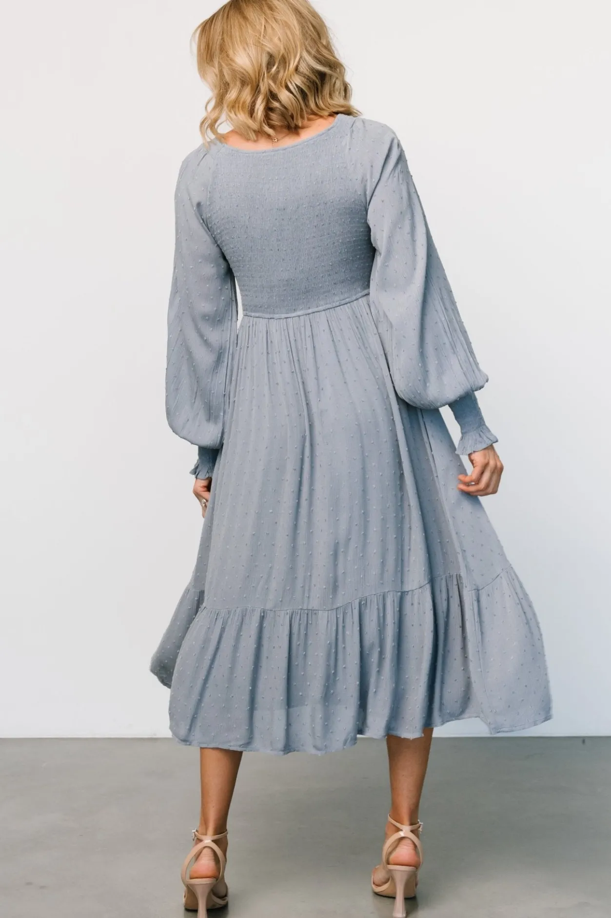 Clearance Baltic Born Lainey Smocked Dotted Midi Dress | Dusty Blue DustyBlue