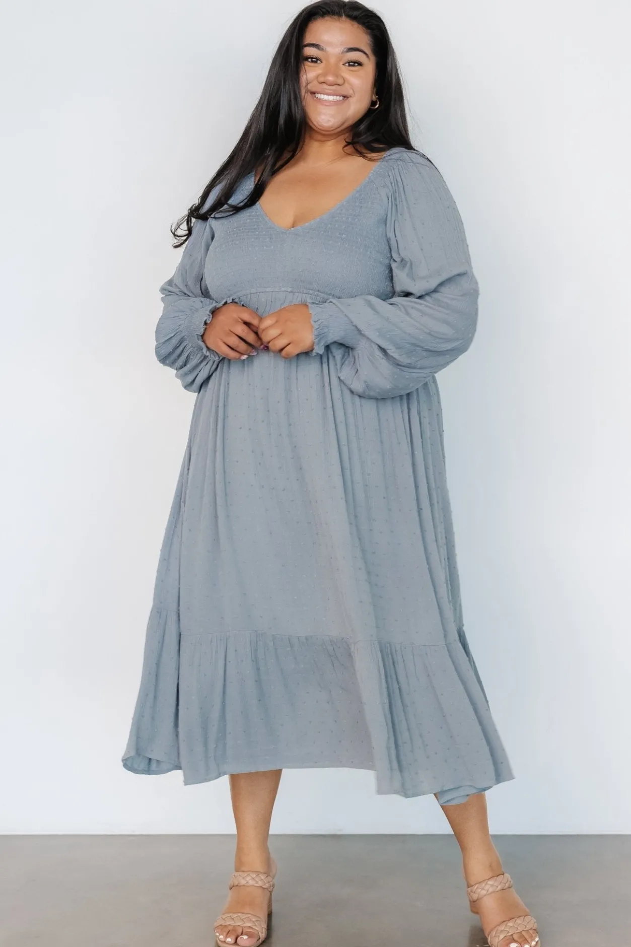 Clearance Baltic Born Lainey Smocked Dotted Midi Dress | Dusty Blue DustyBlue