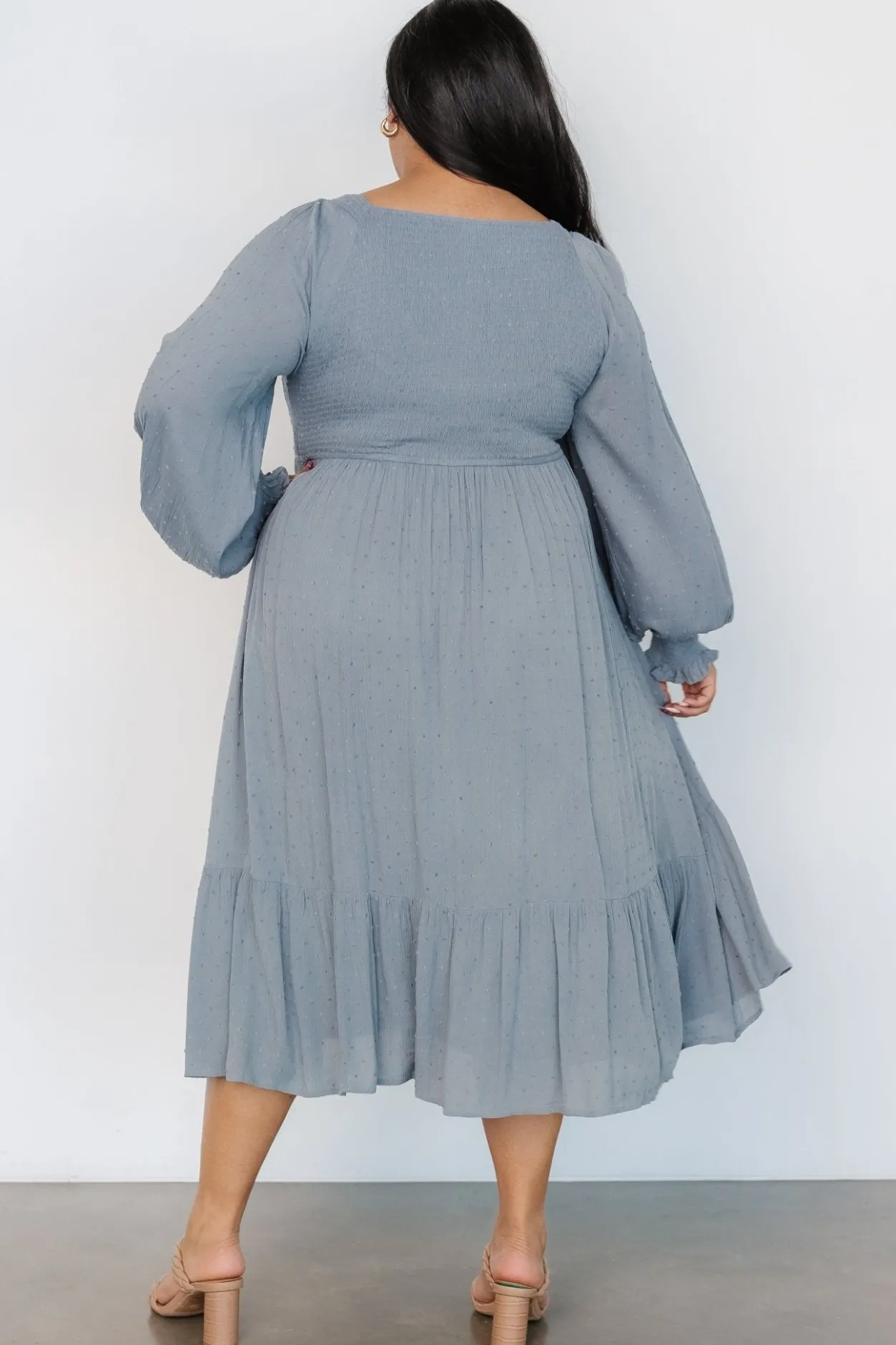 Clearance Baltic Born Lainey Smocked Dotted Midi Dress | Dusty Blue DustyBlue