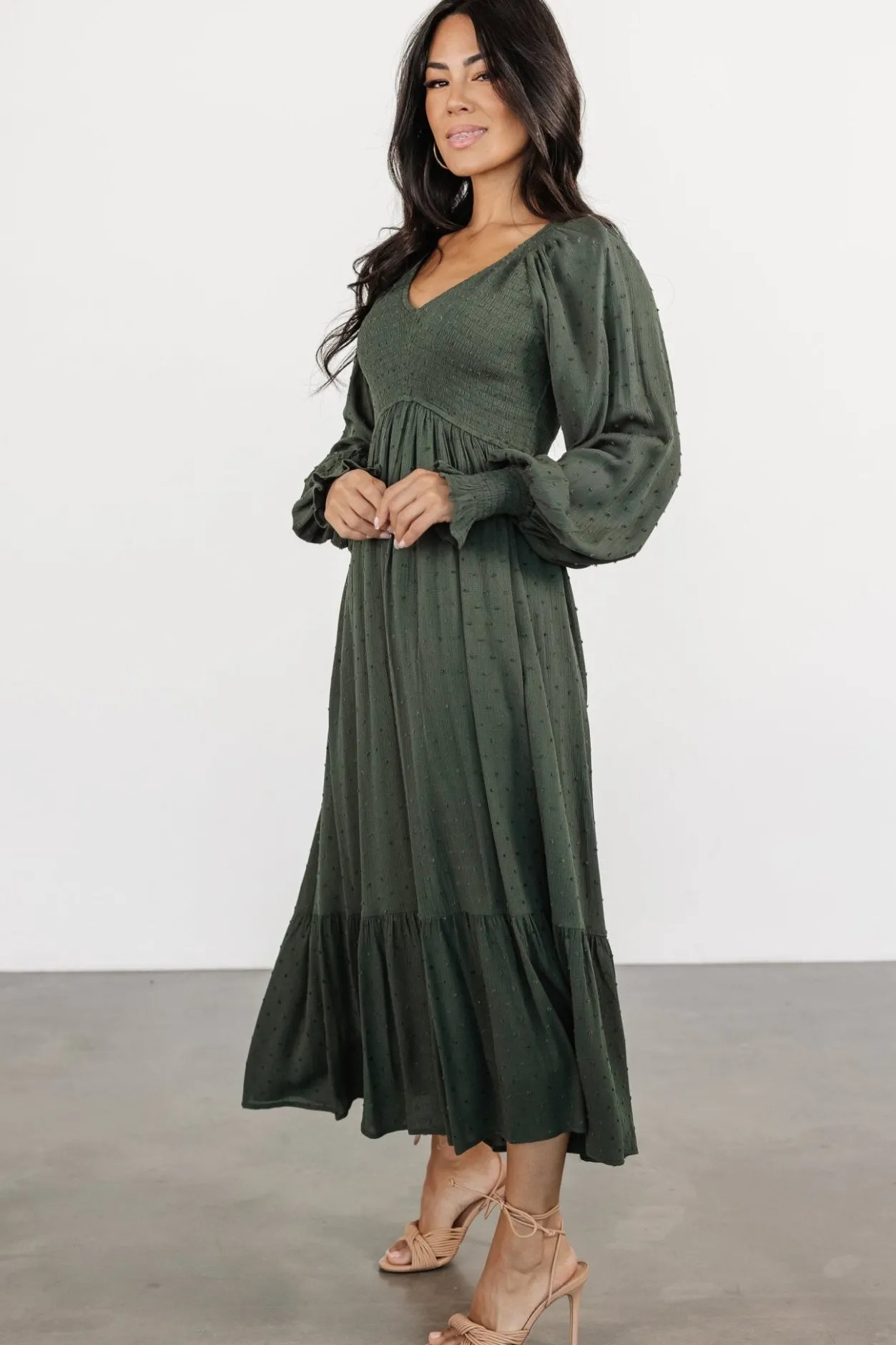Sale Baltic Born Lainey Smocked Dotted Midi Dress | Deep Olive DeepOlive