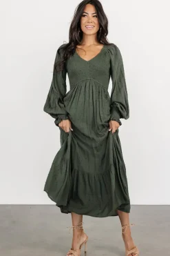 Sale Baltic Born Lainey Smocked Dotted Midi Dress | Deep Olive DeepOlive