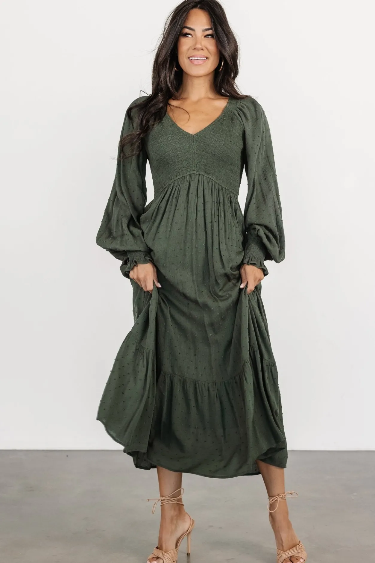 Sale Baltic Born Lainey Smocked Dotted Midi Dress | Deep Olive DeepOlive