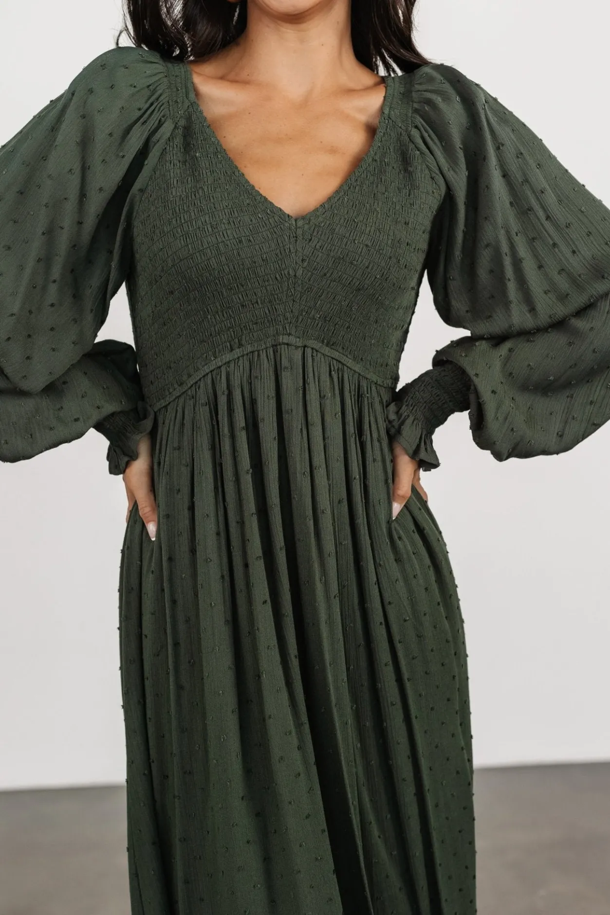 Sale Baltic Born Lainey Smocked Dotted Midi Dress | Deep Olive DeepOlive