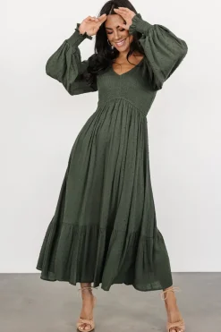 Sale Baltic Born Lainey Smocked Dotted Midi Dress | Deep Olive DeepOlive