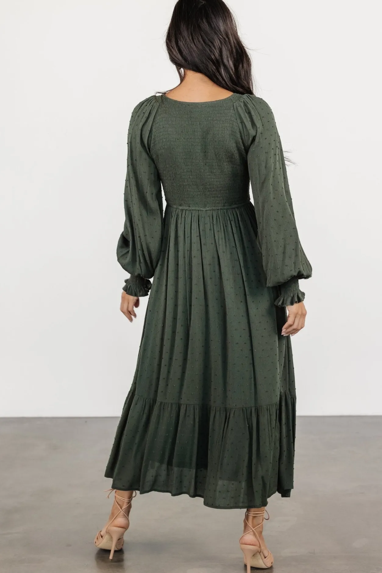 Sale Baltic Born Lainey Smocked Dotted Midi Dress | Deep Olive DeepOlive