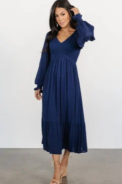 Sale Baltic Born Lainey Smocked Dotted Midi Dress | Midnight Blue MidnightBlue
