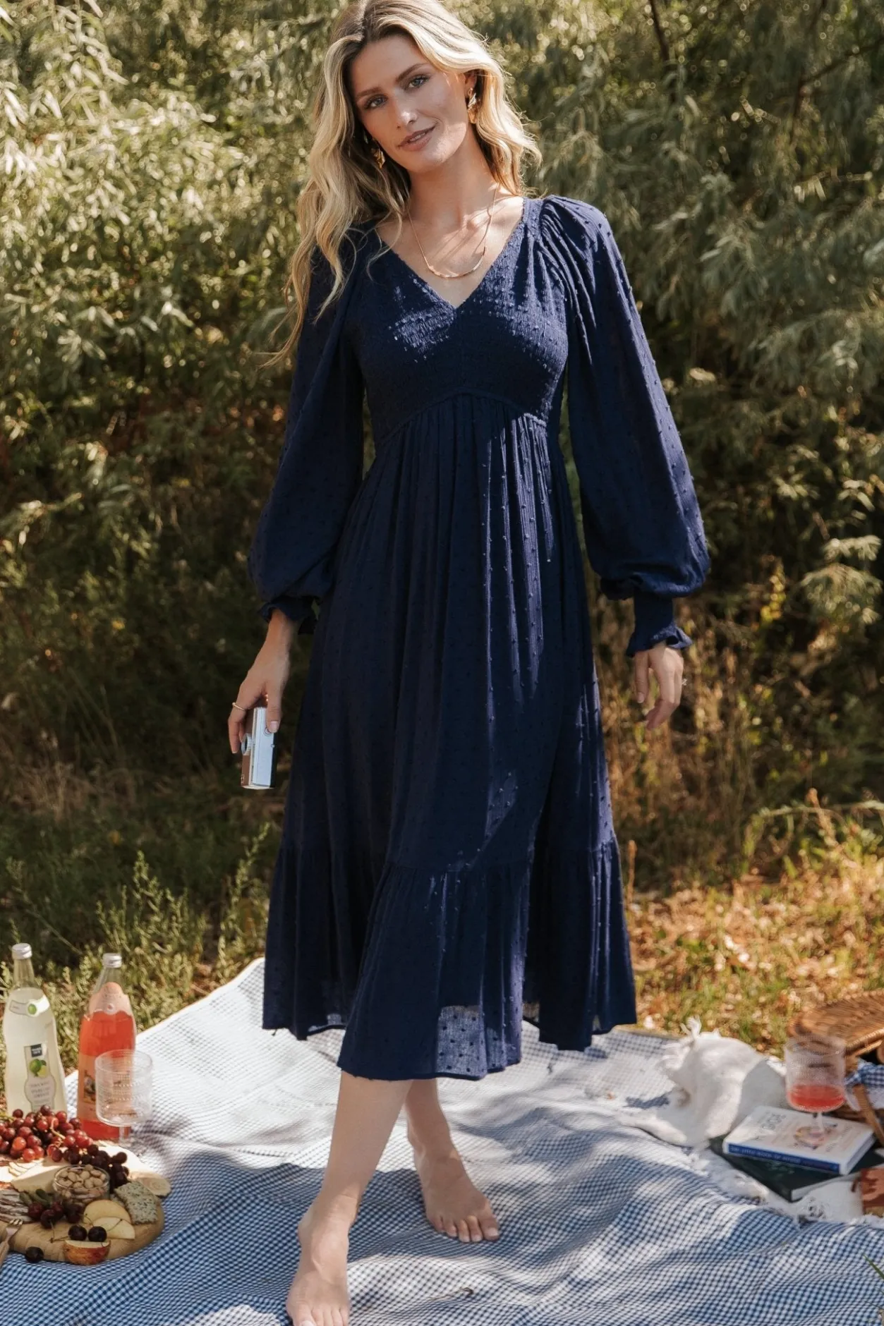 Sale Baltic Born Lainey Smocked Dotted Midi Dress | Midnight Blue MidnightBlue