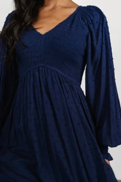 Sale Baltic Born Lainey Smocked Dotted Midi Dress | Midnight Blue MidnightBlue