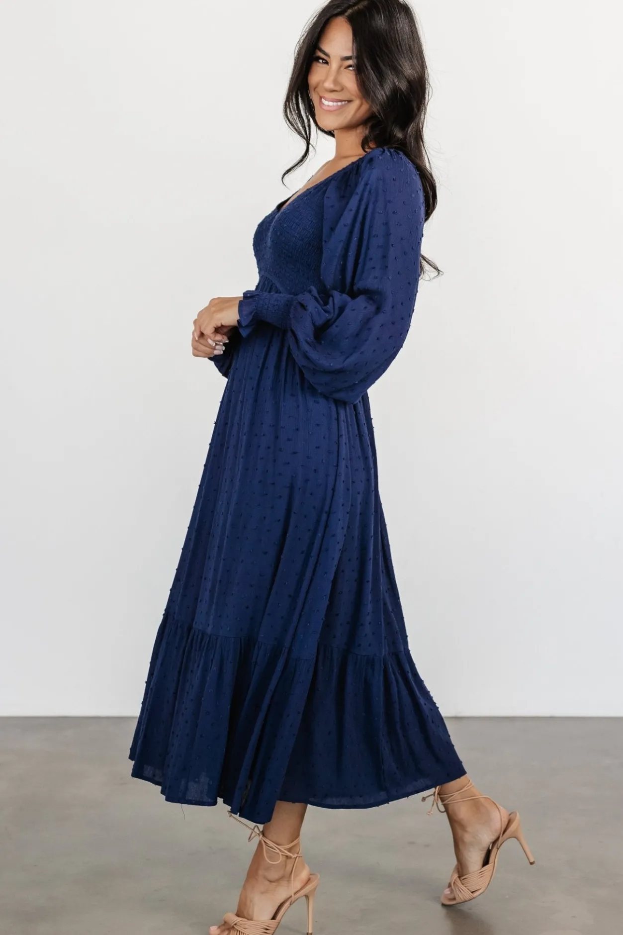 Sale Baltic Born Lainey Smocked Dotted Midi Dress | Midnight Blue MidnightBlue