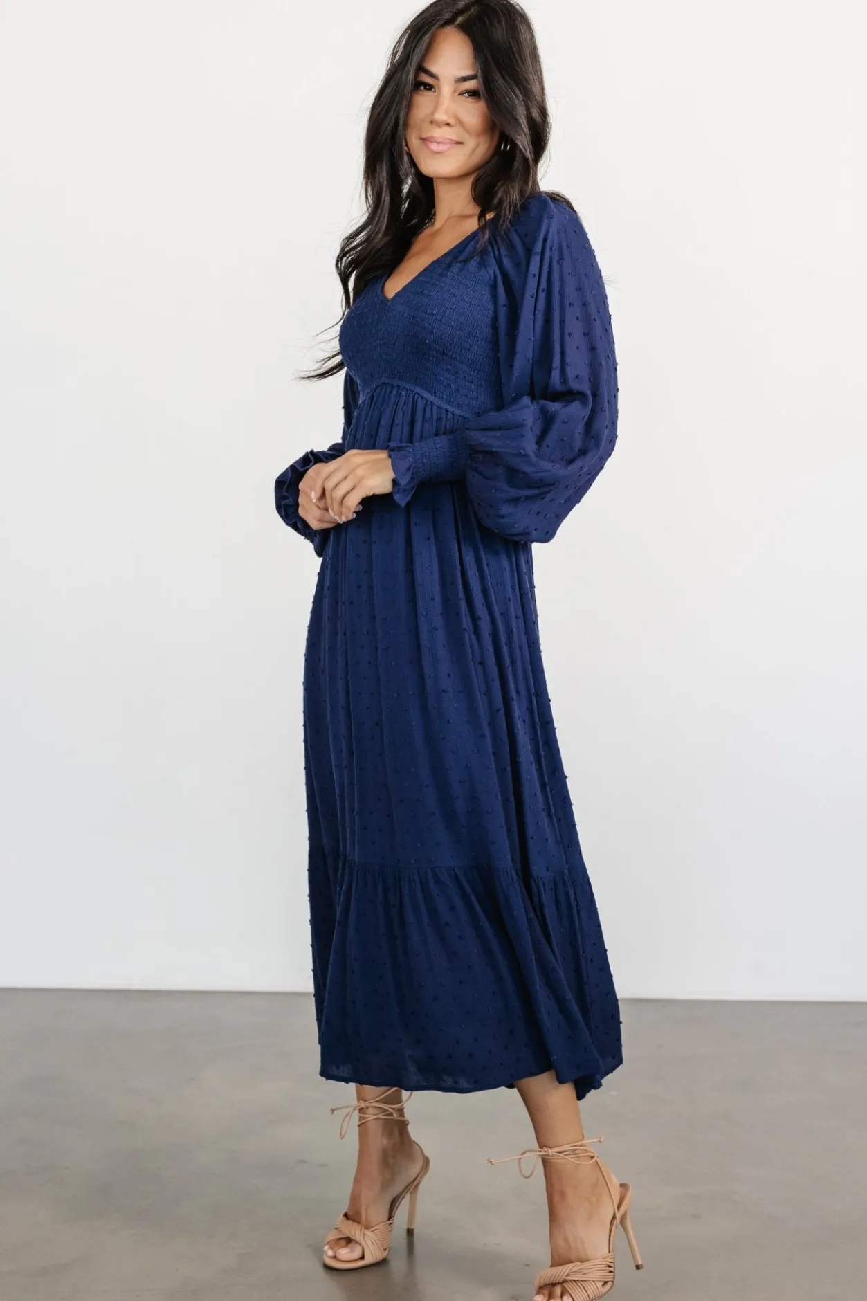 Sale Baltic Born Lainey Smocked Dotted Midi Dress | Midnight Blue MidnightBlue
