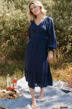 Sale Baltic Born Lainey Smocked Dotted Midi Dress | Midnight Blue MidnightBlue