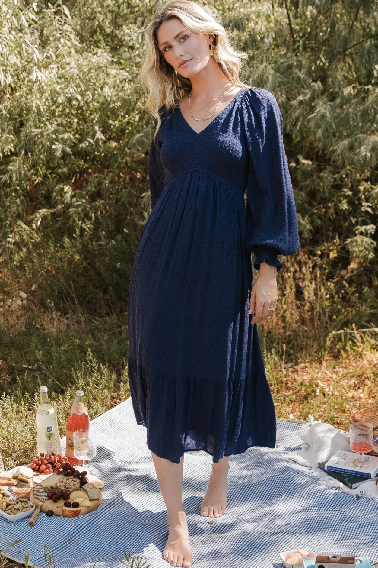 Sale Baltic Born Lainey Smocked Dotted Midi Dress | Midnight Blue MidnightBlue