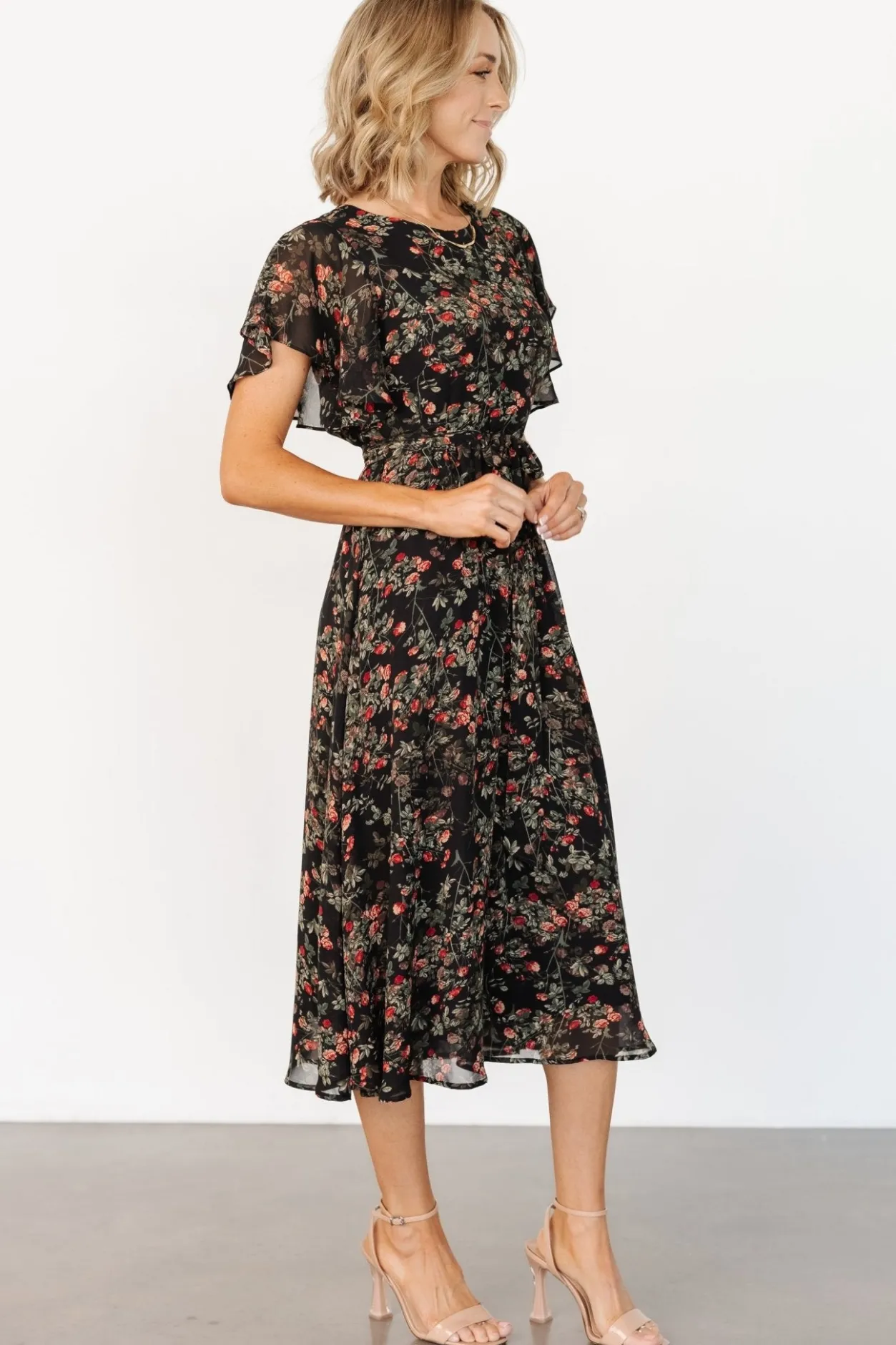 Fashion Baltic Born Laurel Midi Dress | Black + Red Floral Black+RedFloral