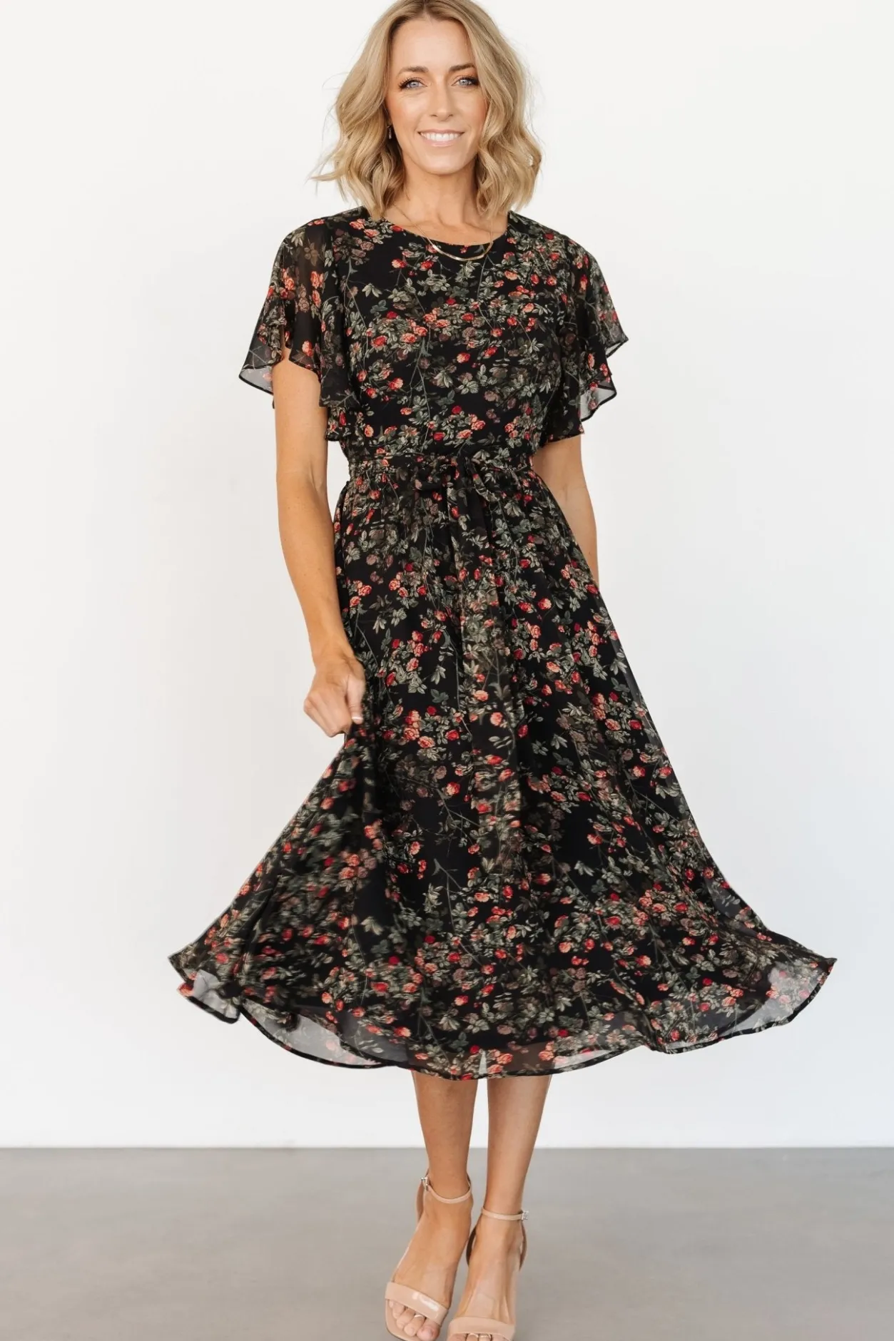 Fashion Baltic Born Laurel Midi Dress | Black + Red Floral Black+RedFloral