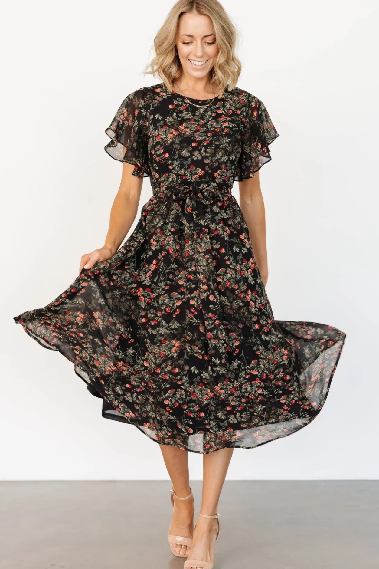 Fashion Baltic Born Laurel Midi Dress | Black + Red Floral Black+RedFloral