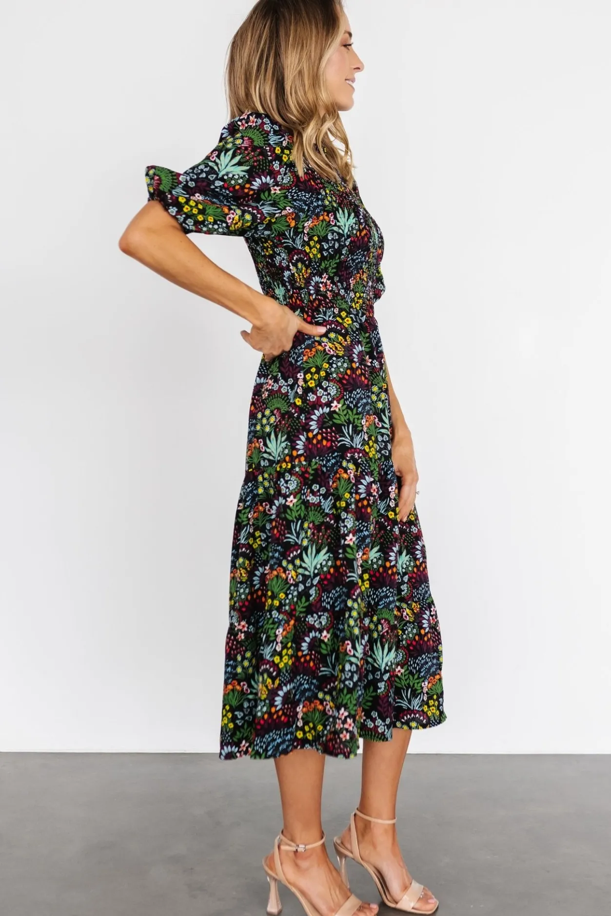 Hot Baltic Born Lena Tiered Midi Dress | Black Multi Floral BlackMultiFloral