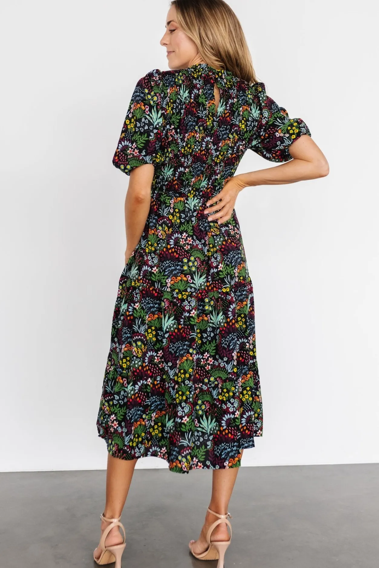 Hot Baltic Born Lena Tiered Midi Dress | Black Multi Floral BlackMultiFloral