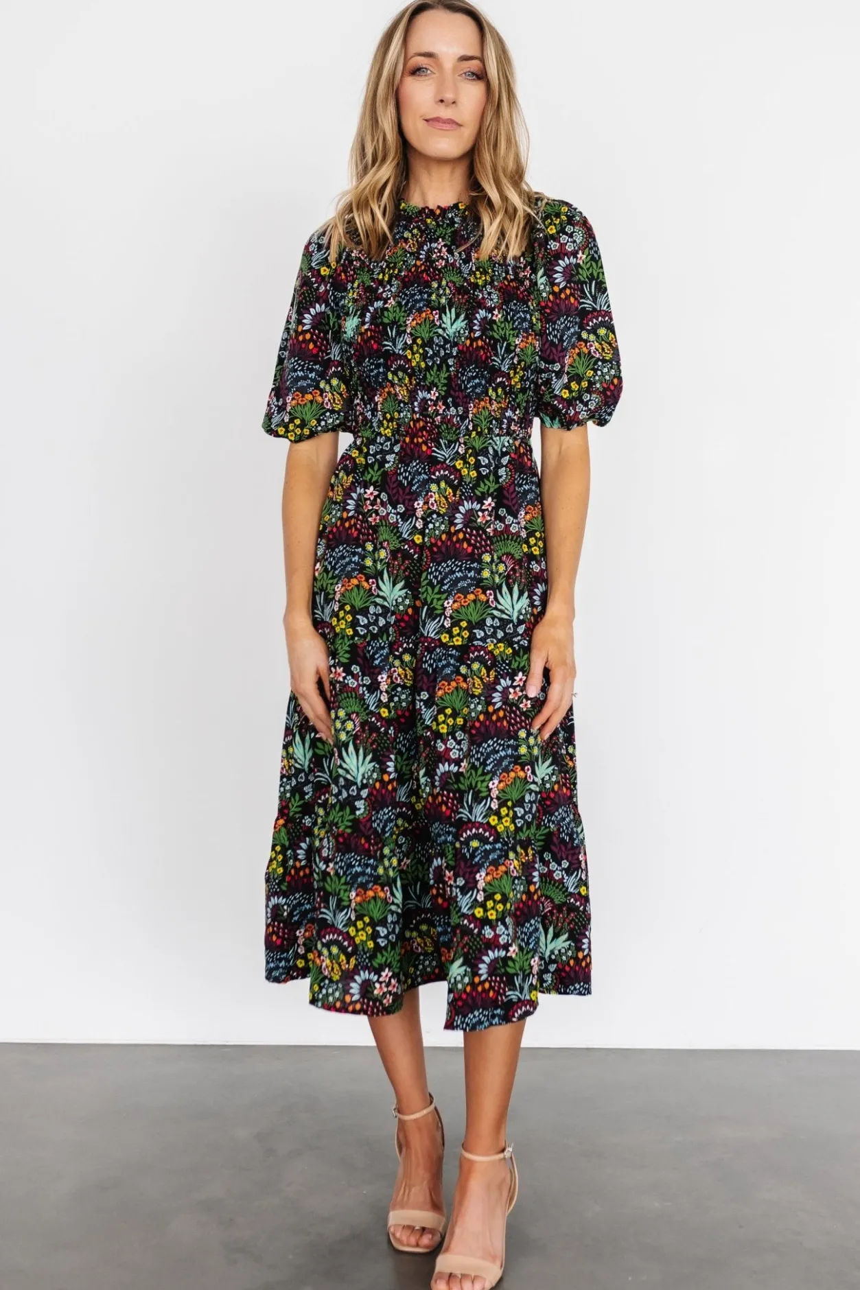 Hot Baltic Born Lena Tiered Midi Dress | Black Multi Floral BlackMultiFloral