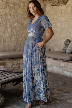 Discount Baltic Born Leslie Velvet Maxi Dress | Blue + Silver Blue+Silver
