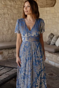 Discount Baltic Born Leslie Velvet Maxi Dress | Blue + Silver Blue+Silver