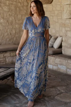 Discount Baltic Born Leslie Velvet Maxi Dress | Blue + Silver Blue+Silver