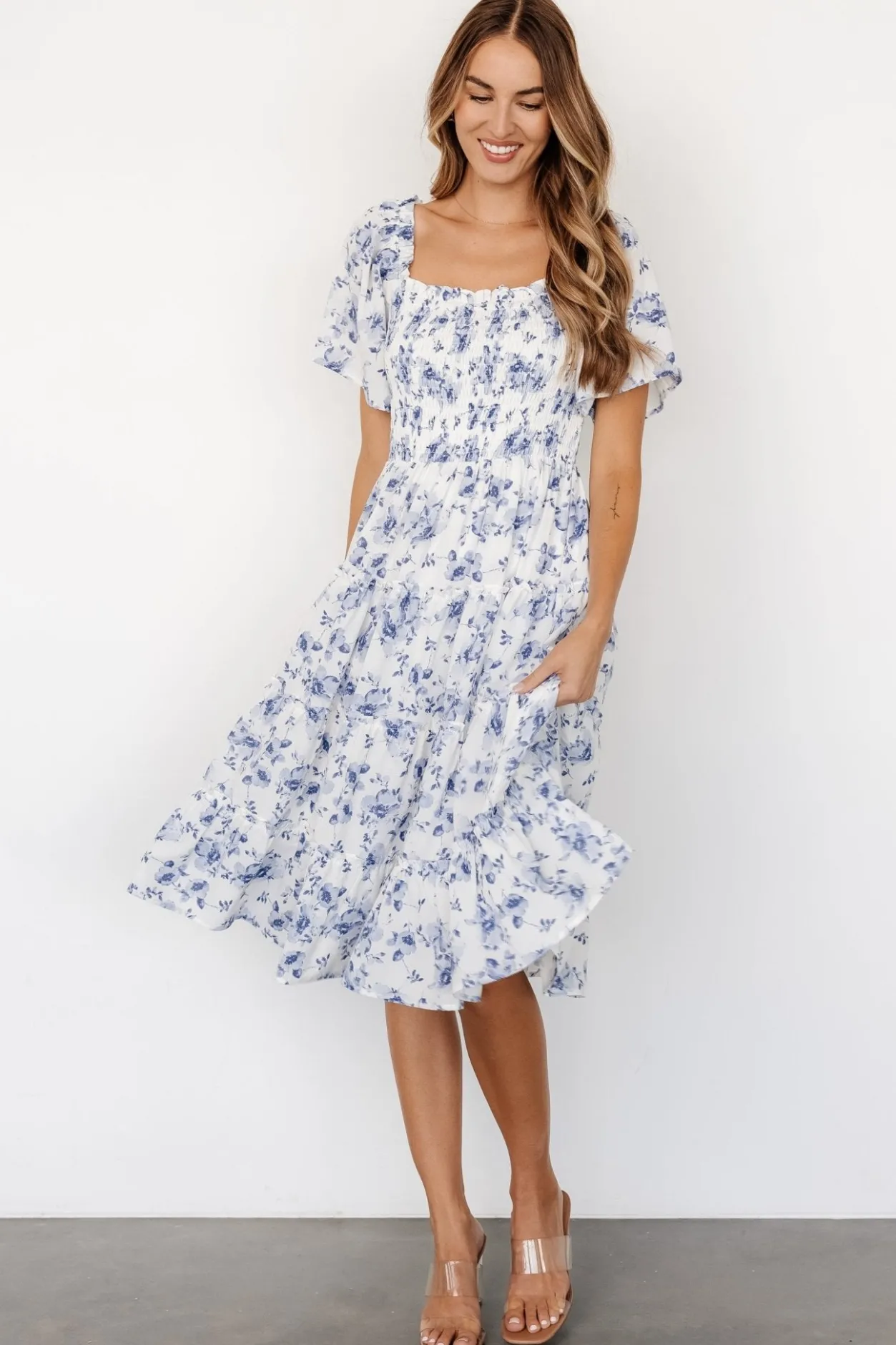 Sale Baltic Born Lilla Tiered Midi Dress | Off-White + Blue Floral Off-White+BlueFloral