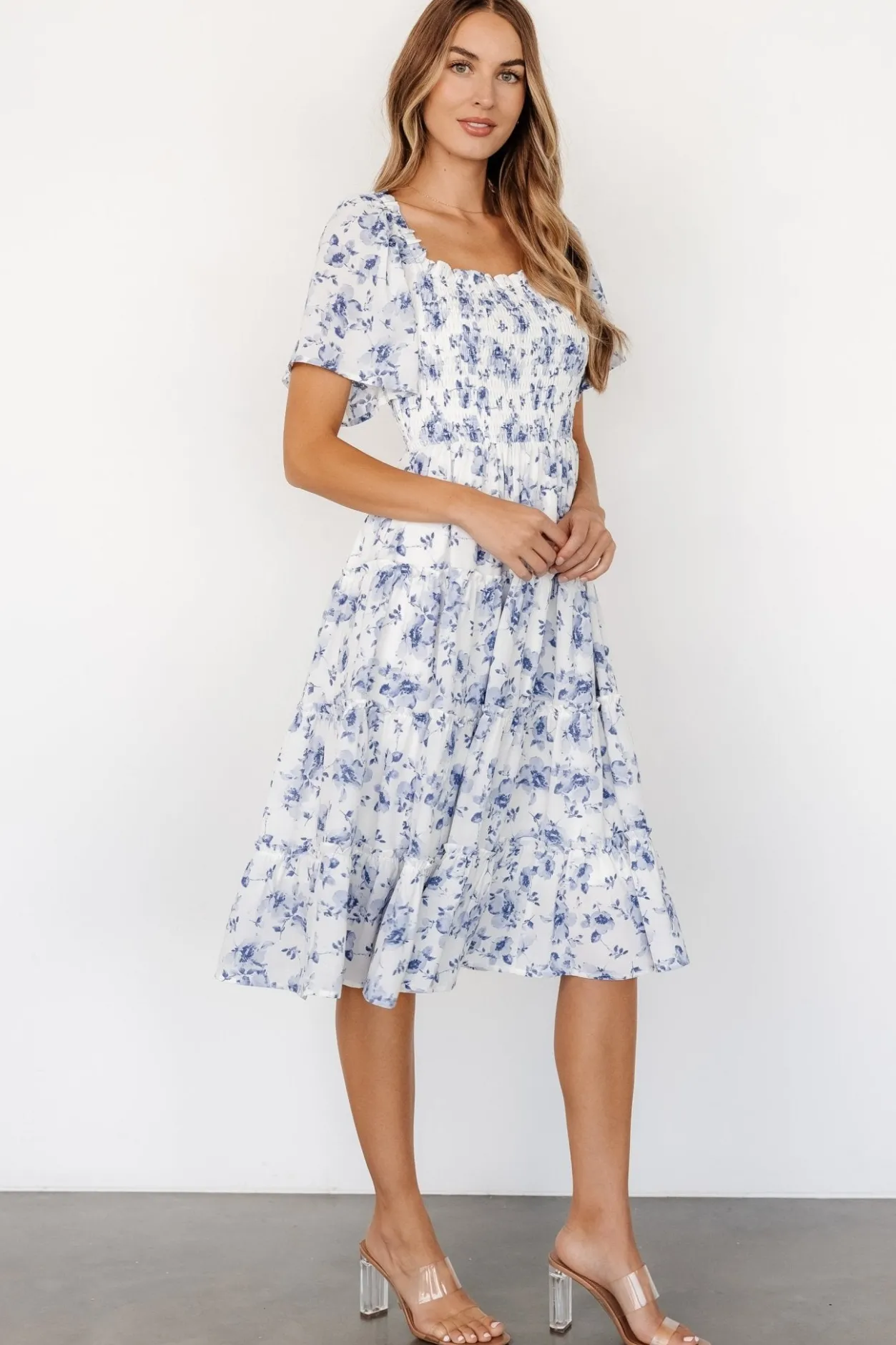 Sale Baltic Born Lilla Tiered Midi Dress | Off-White + Blue Floral Off-White+BlueFloral