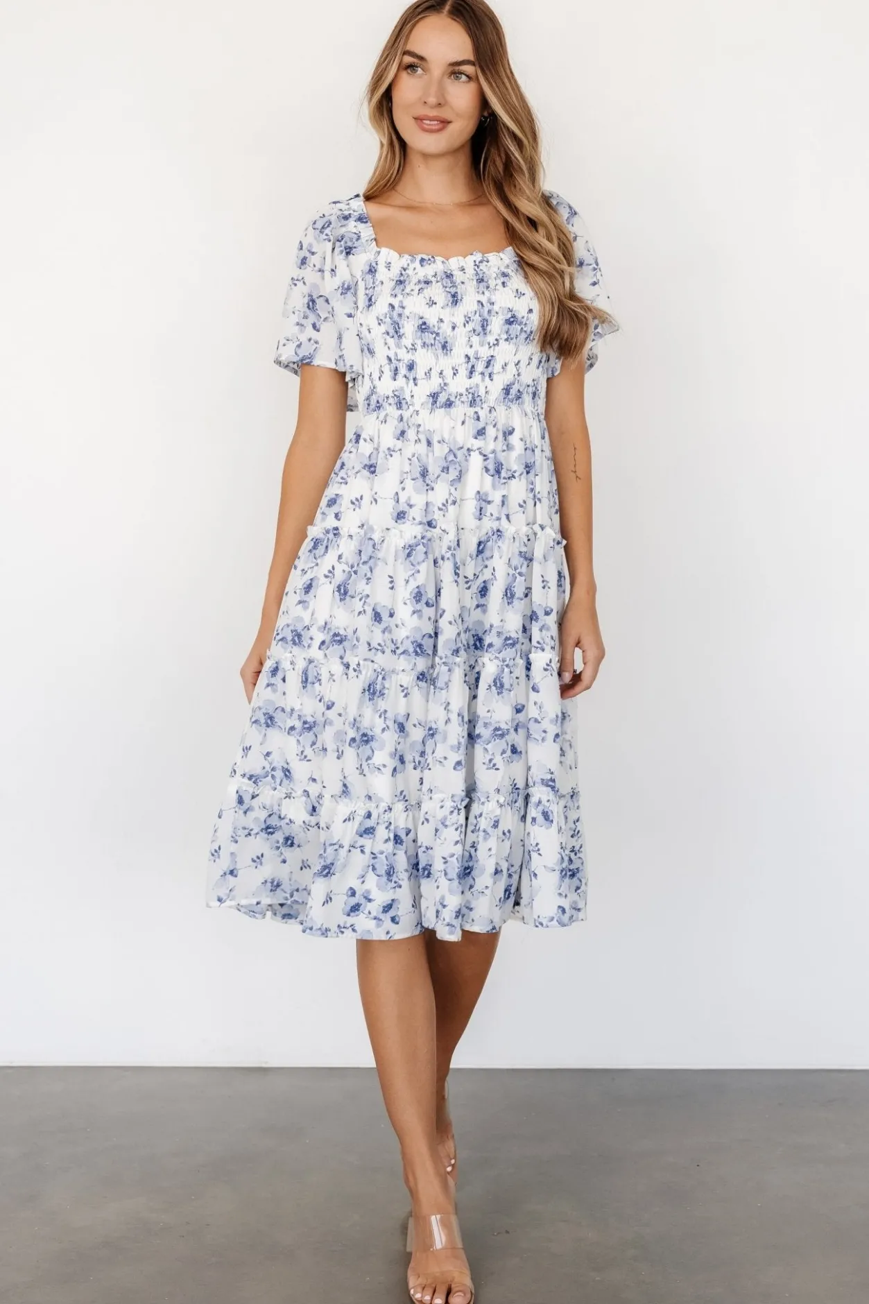Sale Baltic Born Lilla Tiered Midi Dress | Off-White + Blue Floral Off-White+BlueFloral