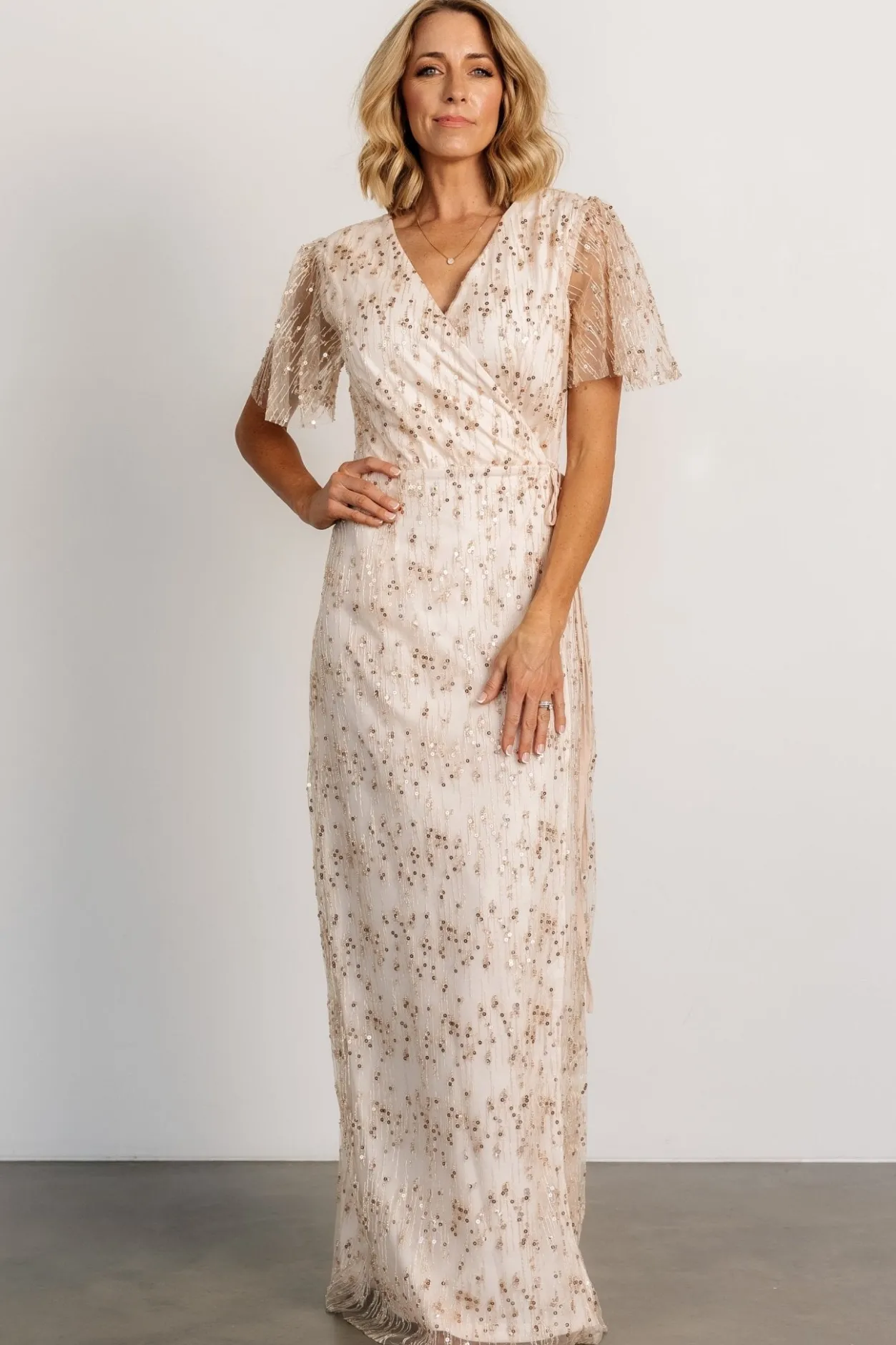 New Baltic Born Liza Sequin Wrap Maxi Dress | Rose Gold RoseGold