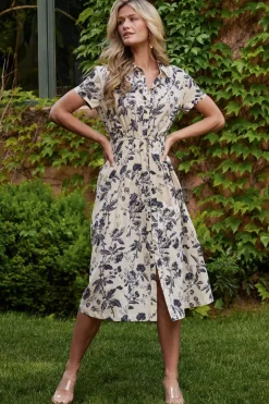 Hot Baltic Born Lorna Midi Dress | Beige + Navy Print Beige+NavyPrint