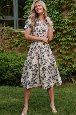 Hot Baltic Born Lorna Midi Dress | Beige + Navy Print Beige+NavyPrint