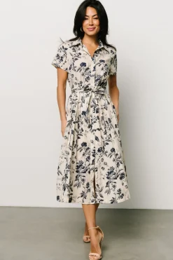 Hot Baltic Born Lorna Midi Dress | Beige + Navy Print Beige+NavyPrint