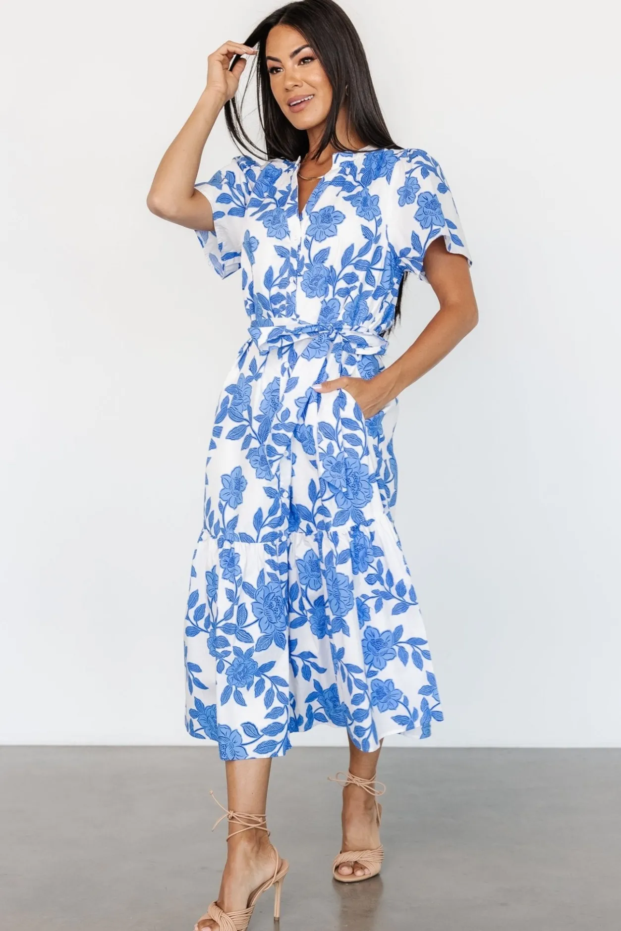 Online Baltic Born Lydie Button Midi Dress | White + Blue White+Blue