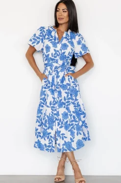 Online Baltic Born Lydie Button Midi Dress | White + Blue White+Blue