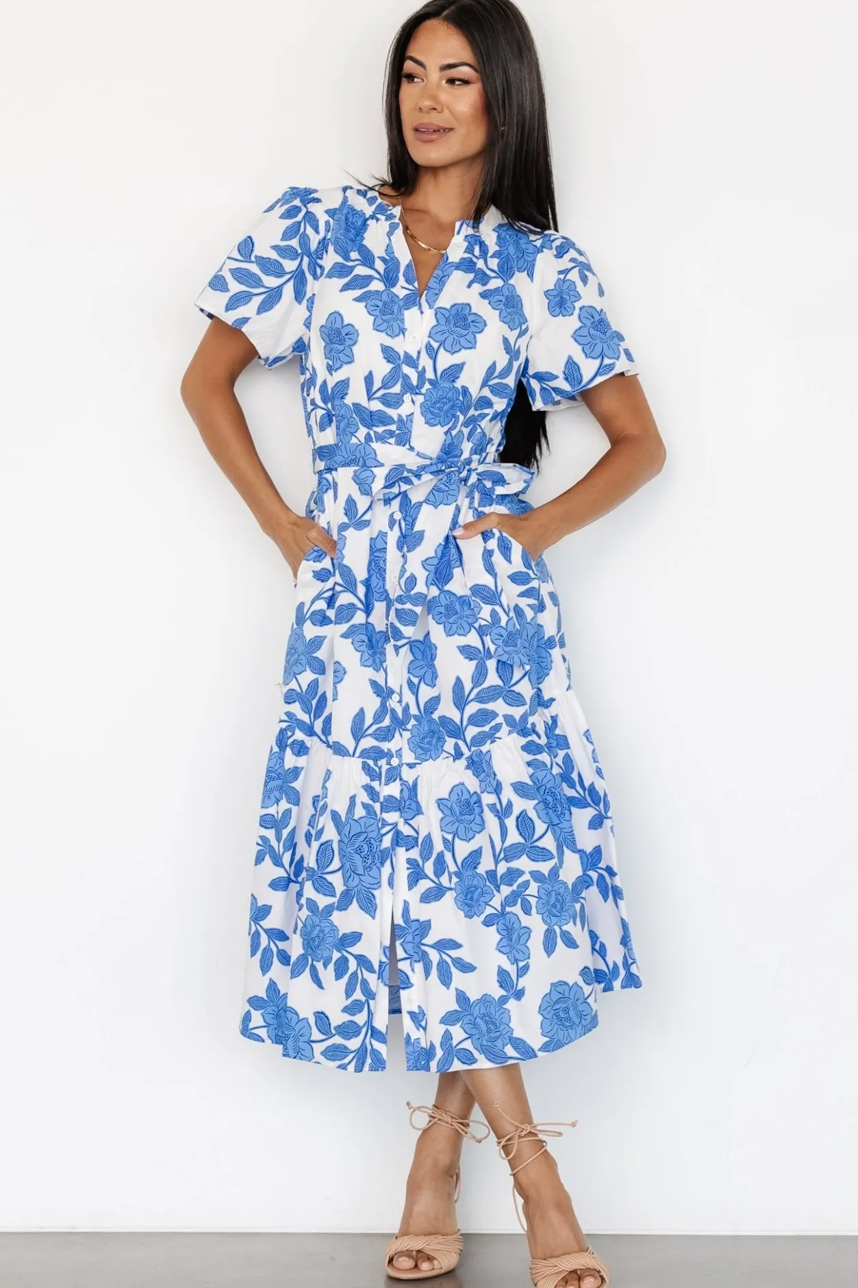 Online Baltic Born Lydie Button Midi Dress | White + Blue White+Blue